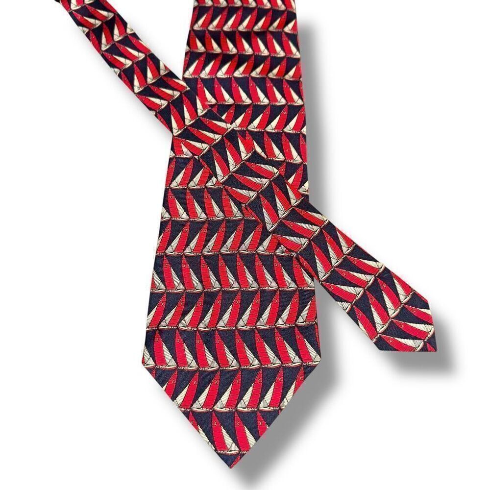 Polo Ralph Lauren Red & Navy Boat Print 100% Silk Handmade in USA Neck Tie